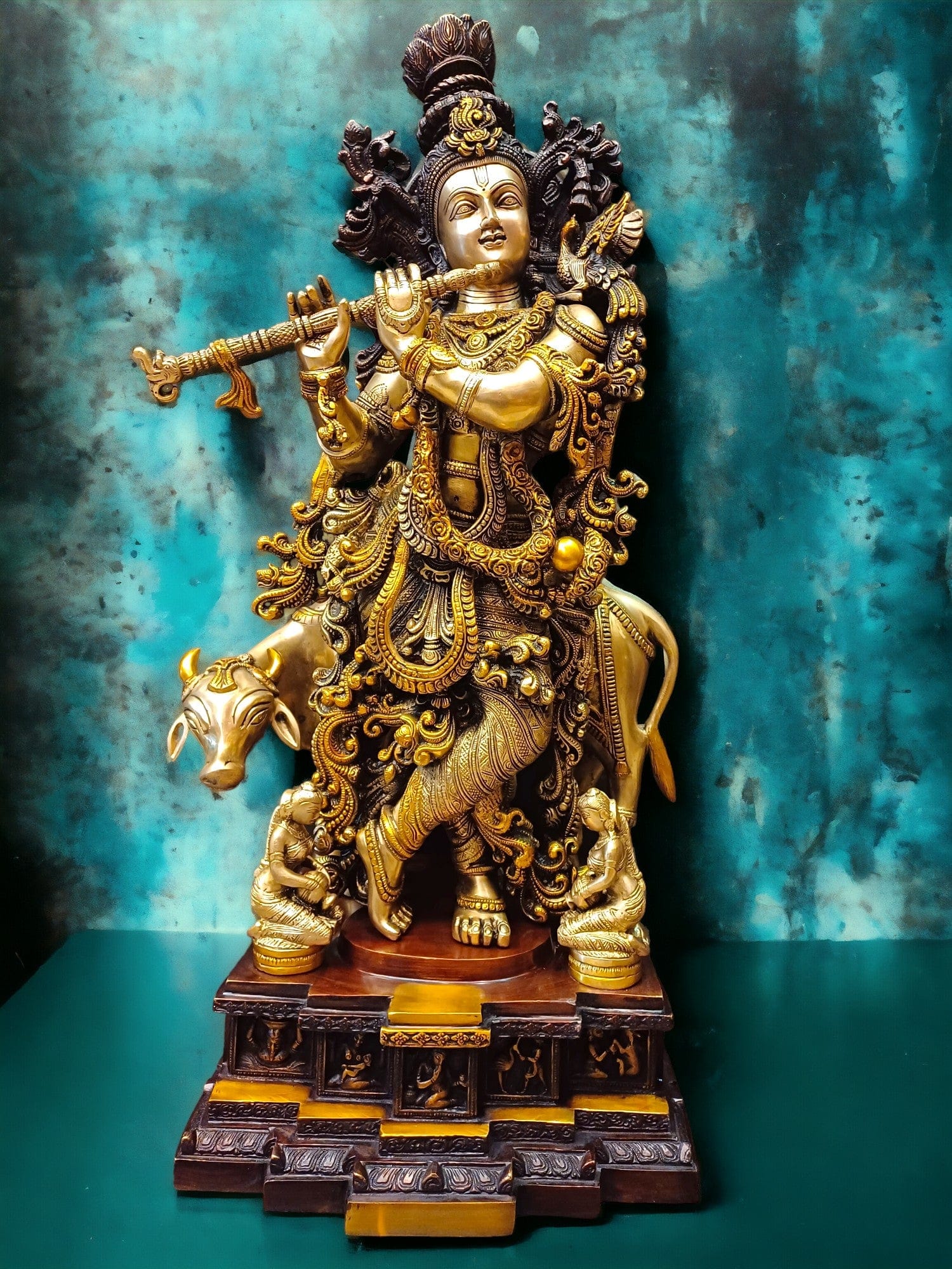 Brass Krishna Statue with cow