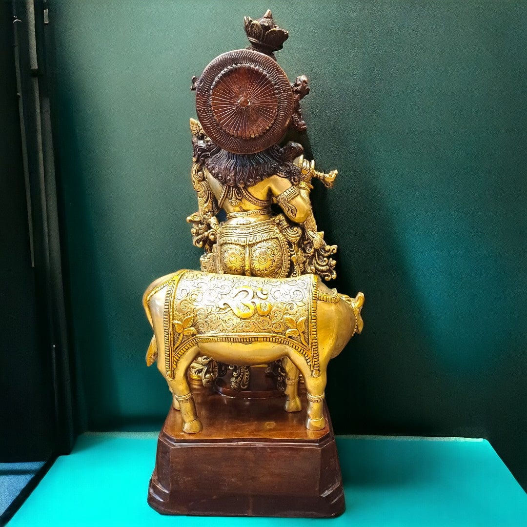 Brass Krishna Statue with cow