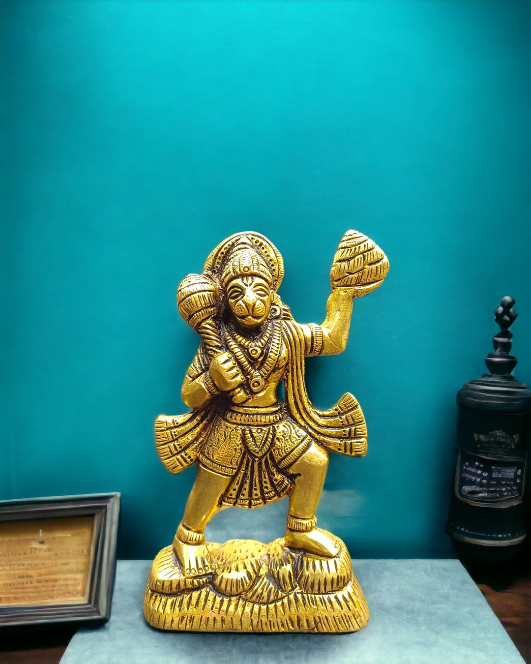 Tamas Brass Lord Hanuman with Sanjivani Mountain Statue/Idol (Golden) (4.2Inches)
