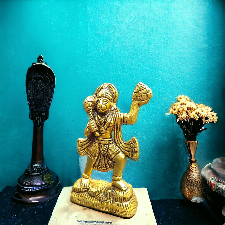 Tamas Brass Lord Hanuman with Sanjivani Mountain Statue/Idol (Golden) (4.2Inches)