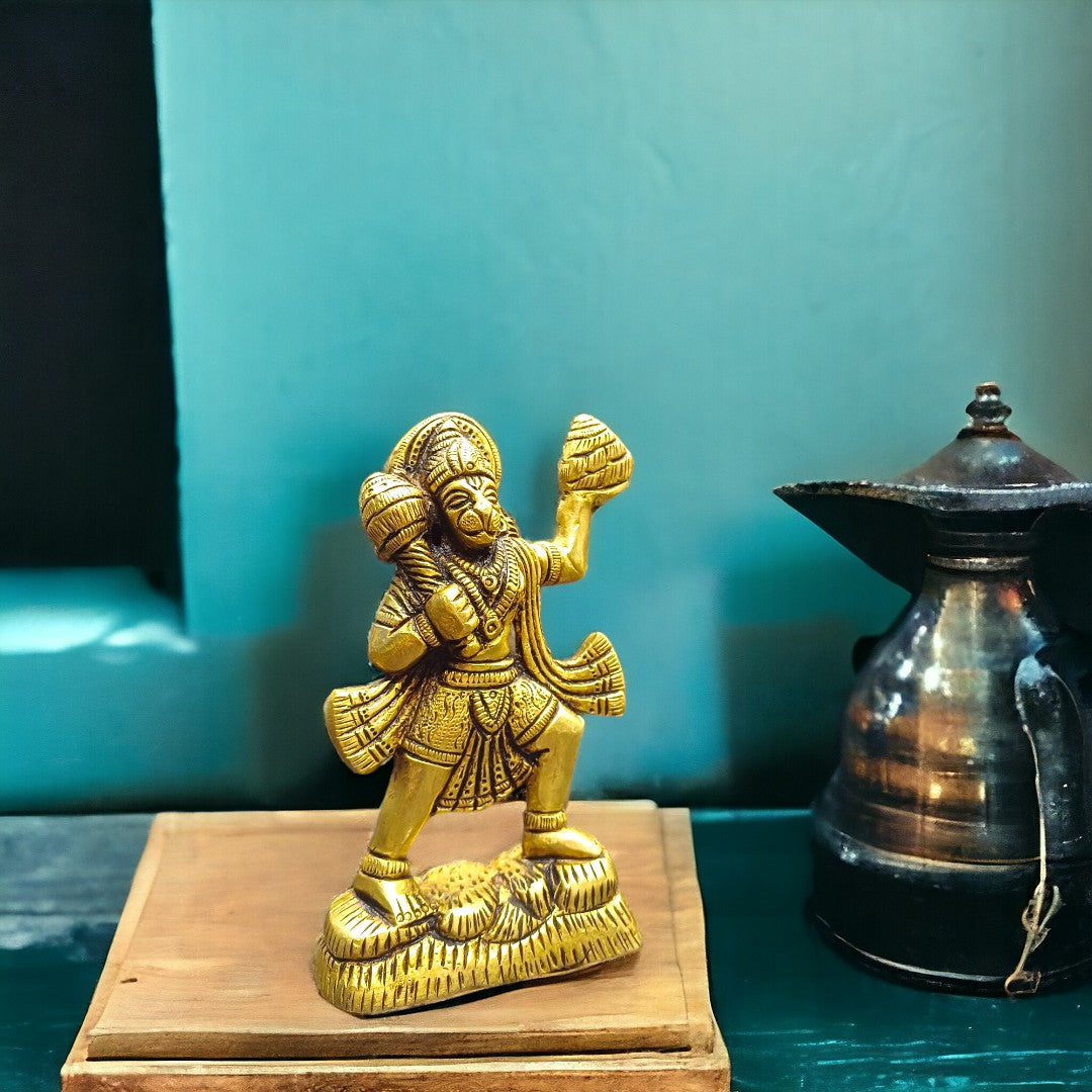 Tamas Brass Lord Hanuman with Sanjivani Mountain Statue/Idol (Golden) (4.2Inches)