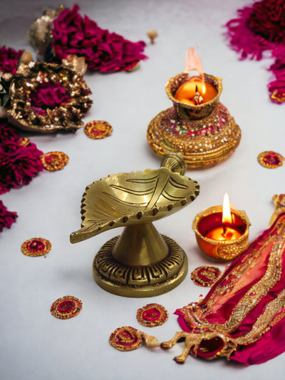 Tamas Brass Leaf Diya with Stand Ethnic Design Handmade (Golden) (2.2 Inches)| Free Luxury Gift box