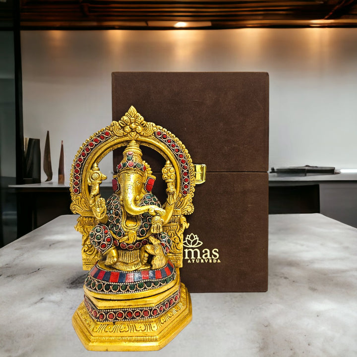 Tamas Brass Ganesh Bhagwan Sitting Posturel and Decorated with Multicolored Stone (Multicolor) Height 9.6 inches | Free Luxury Gift Box