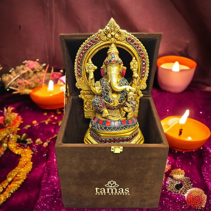 Tamas Brass Ganesh Bhagwan Sitting Posturel and Decorated with Multicolored Stone (Multicolor) Height 9.6 inches | Free Luxury Gift Box