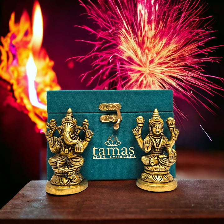 Brass Lord Ganesh Lakshmi Statue (Golden) 3 Inch | Free Premium Gift Box