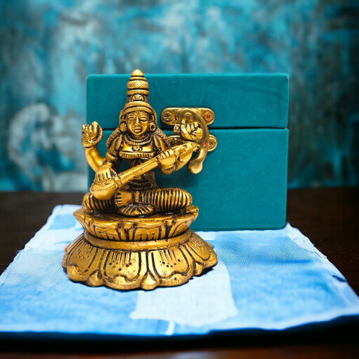 Tamas Brass Mini Saraswati Maa Idol (3 Inch)| Free Luxury Gift BOX