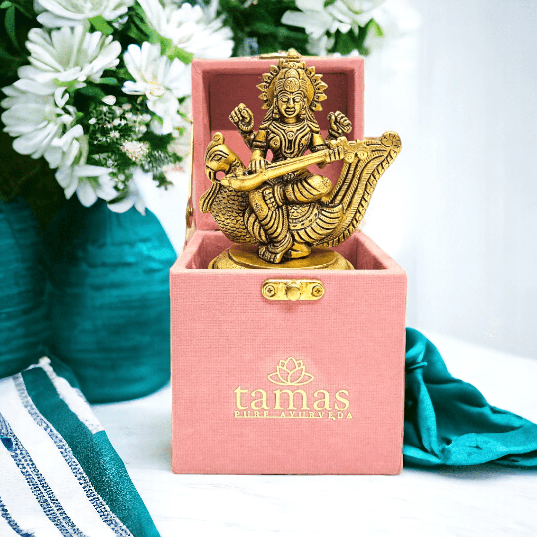 Tamas Brass Saraswati With Swan Statue (4 Inches)| Free Luxury Gift Box - Tamas: Luxury Indian Gifts