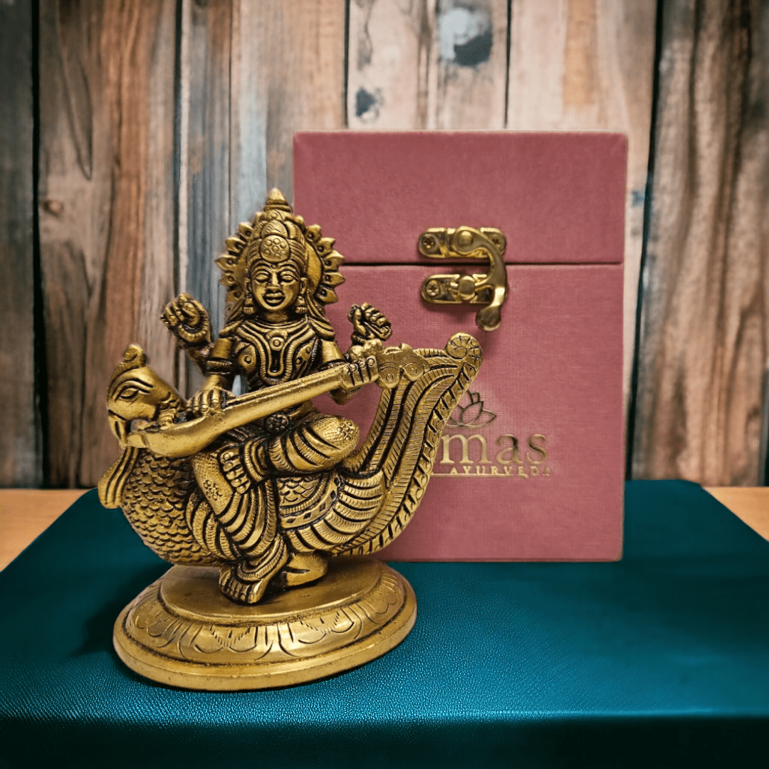 Tamas Brass Saraswati With Swan Statue (4 Inches)| Free Luxury Gift Box - Tamas: Luxury Indian Gifts