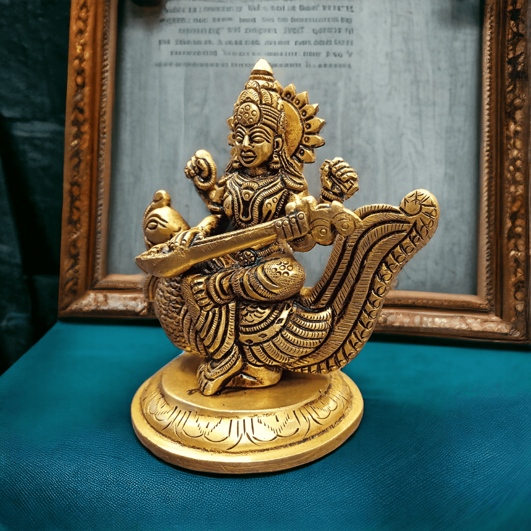 Tamas Brass Saraswati With Swan Statue (4 Inches)| Free Luxury Gift Box - Tamas: Luxury Indian Gifts