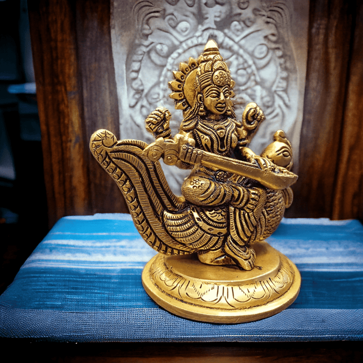 Tamas Brass Saraswati With Swan Statue (4 Inches)| Free Luxury Gift Box - Tamas: Luxury Indian Gifts