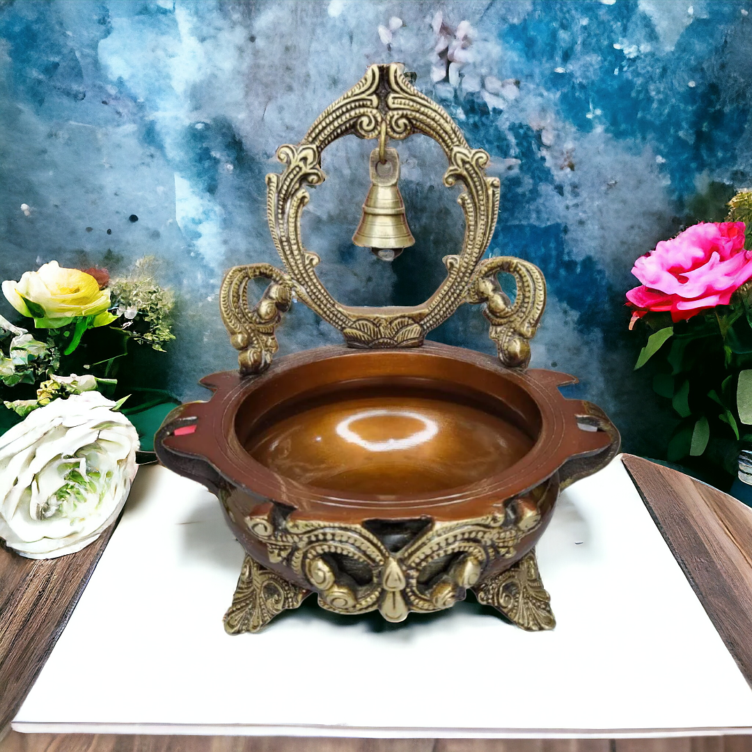 Tamas Brass Handcrafted Designer Ethnic Carved Decorative Urli Bowl with Bell for Floating Flowers and Tea Light Candles (8 x 6 x 8.5 Inches, Golden& Brown) (Pack of 1)