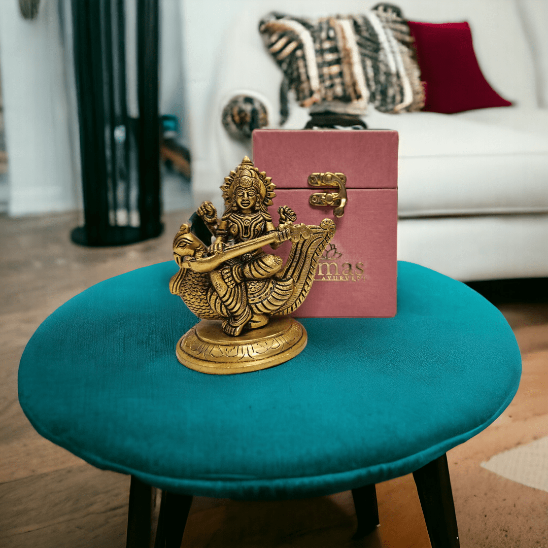 Tamas Brass Saraswati With Swan Statue (4 Inches)| Free Luxury Gift Box - Tamas: Luxury Indian Gifts