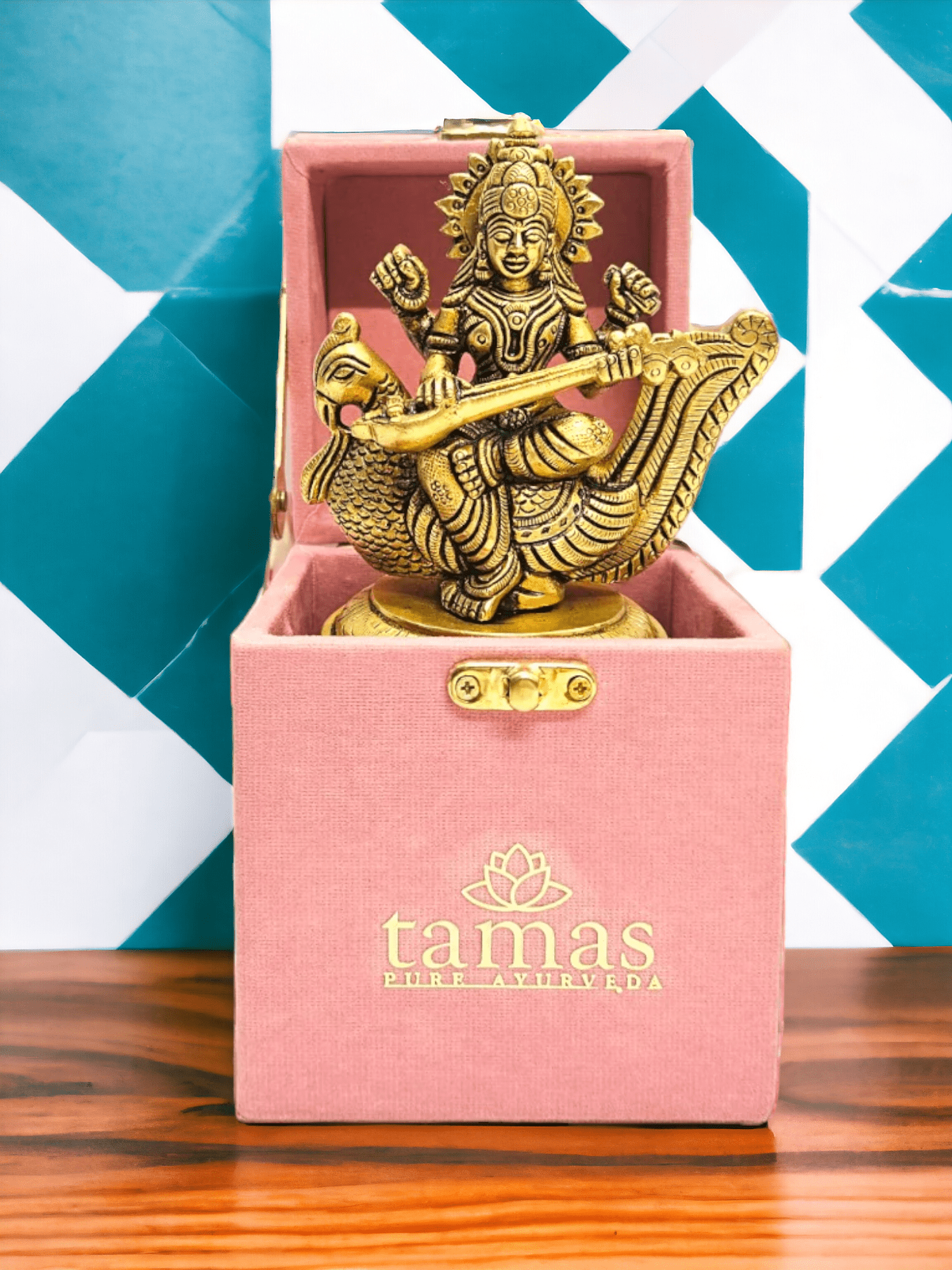 Tamas Brass Saraswati With Swan Statue (4 Inches)| Free Luxury Gift Box - Tamas: Luxury Indian Gifts