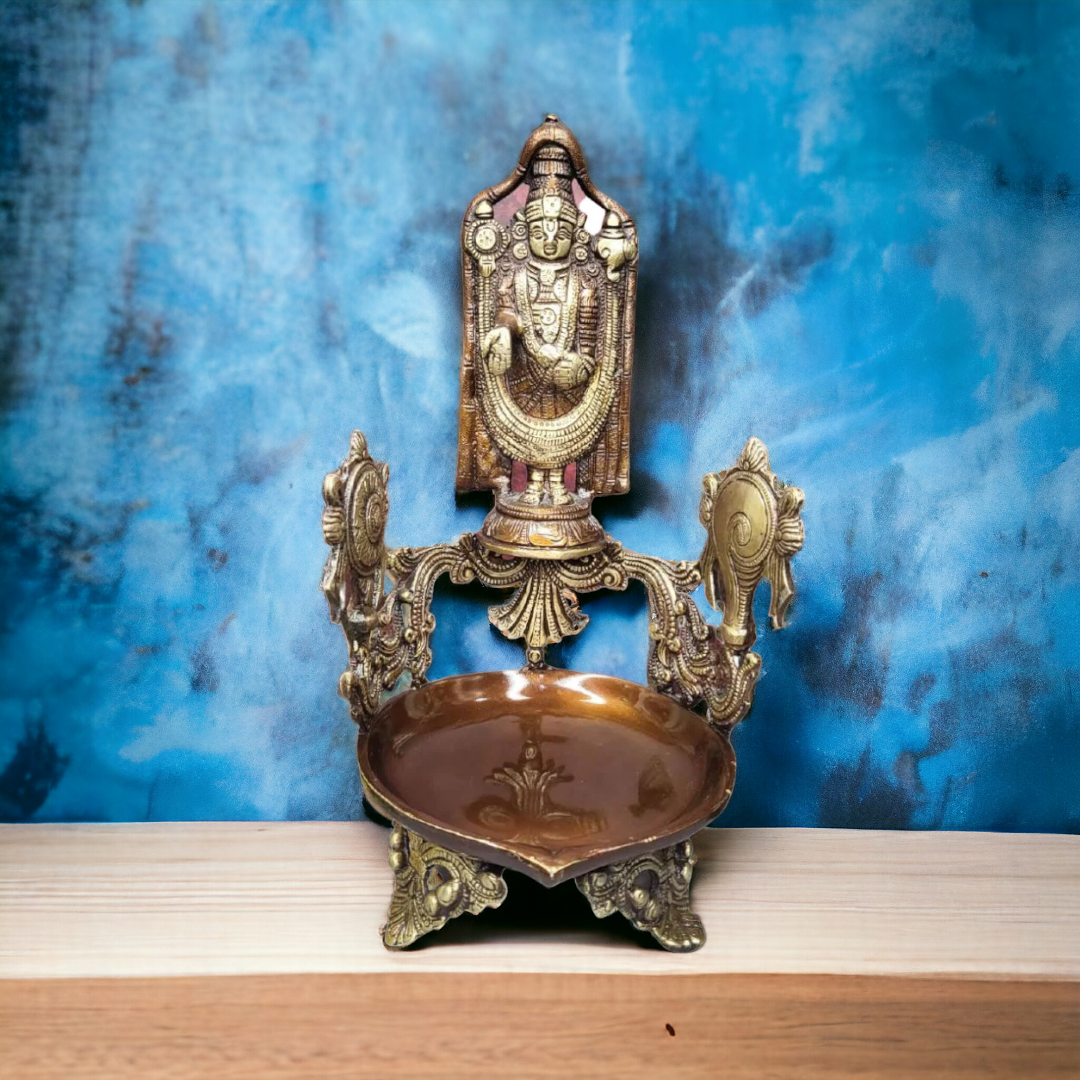 Tamas Brass Handcrafted Balaji, Shankh, Chakra Traditional Urli Bowl  (7 x 7 x 15 Inches, Golden & Brown) (Pack of 1)