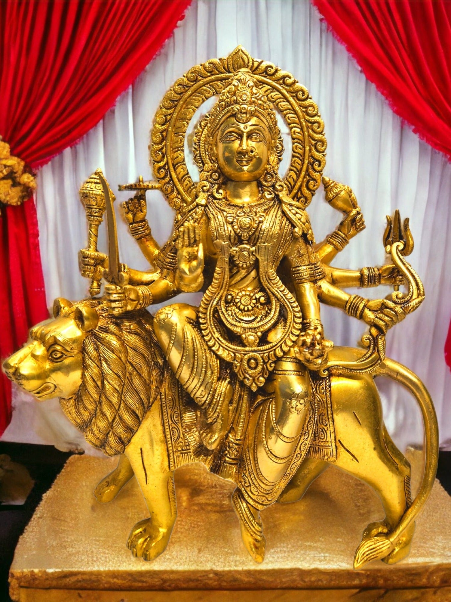 Durga Maa Idol – Brass Goddess with Lion Statue (15 Inches, Golden)