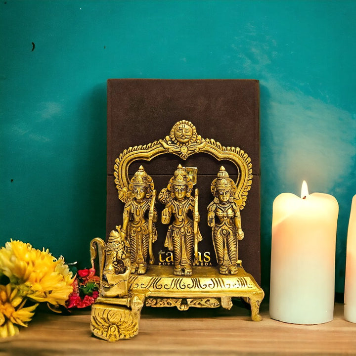 Tamas Brass Handcrafted Ram Darbar Shree Ram Ji Sita Laxman Hanuman Statue / Idol with Antique Finish (4 x 7 x10 Inches, Golden) (Pack of 1)| Free Luxury Gift box