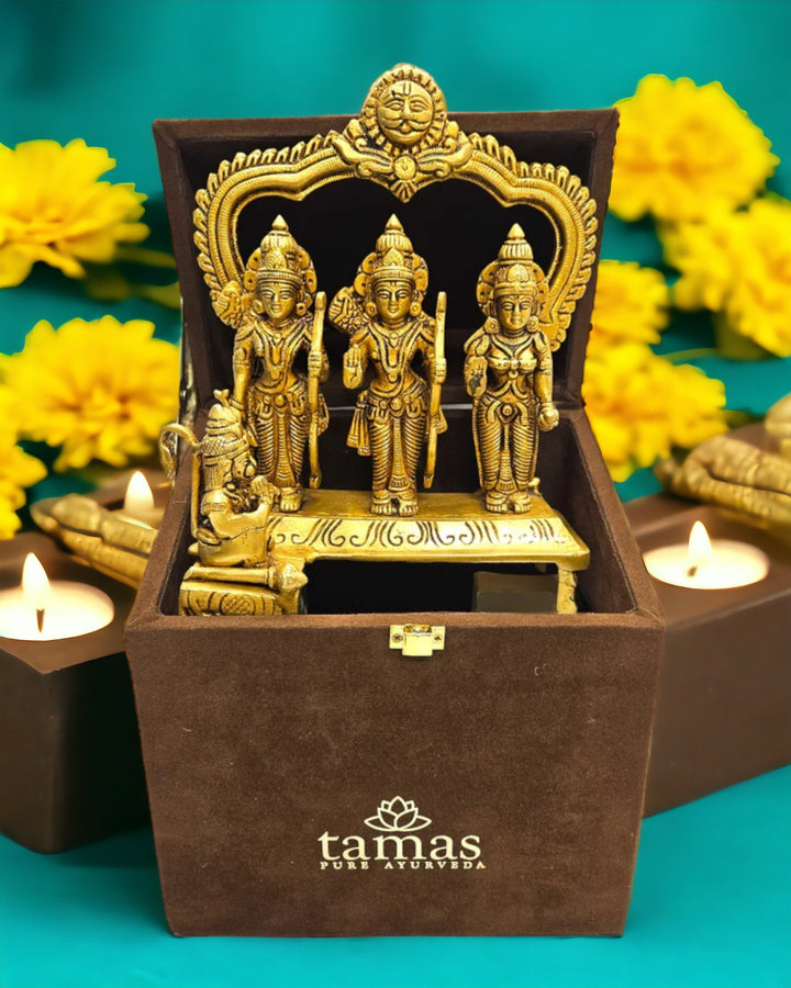 Tamas Brass Handcrafted Ram Darbar Shree Ram Ji Sita Laxman Hanuman Statue / Idol with Antique Finish (4 x 7 x10 Inches, Golden) (Pack of 1)| Free Luxury Gift box