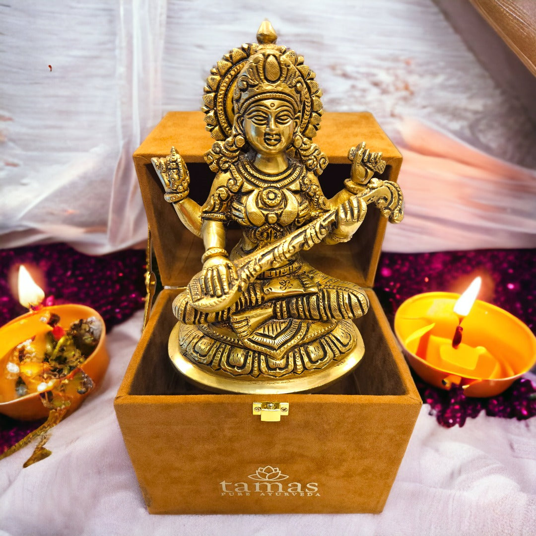 Tamas Brass Saraswati Statue (7 Inches)| Free Luxury Gift box