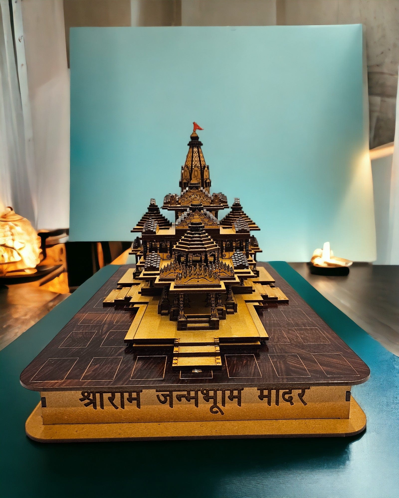 Tamas Pinewood Ram Mandir Ayodhya Hand - Crafted Miniature Replica - Tamas: Luxury Indian Gifts