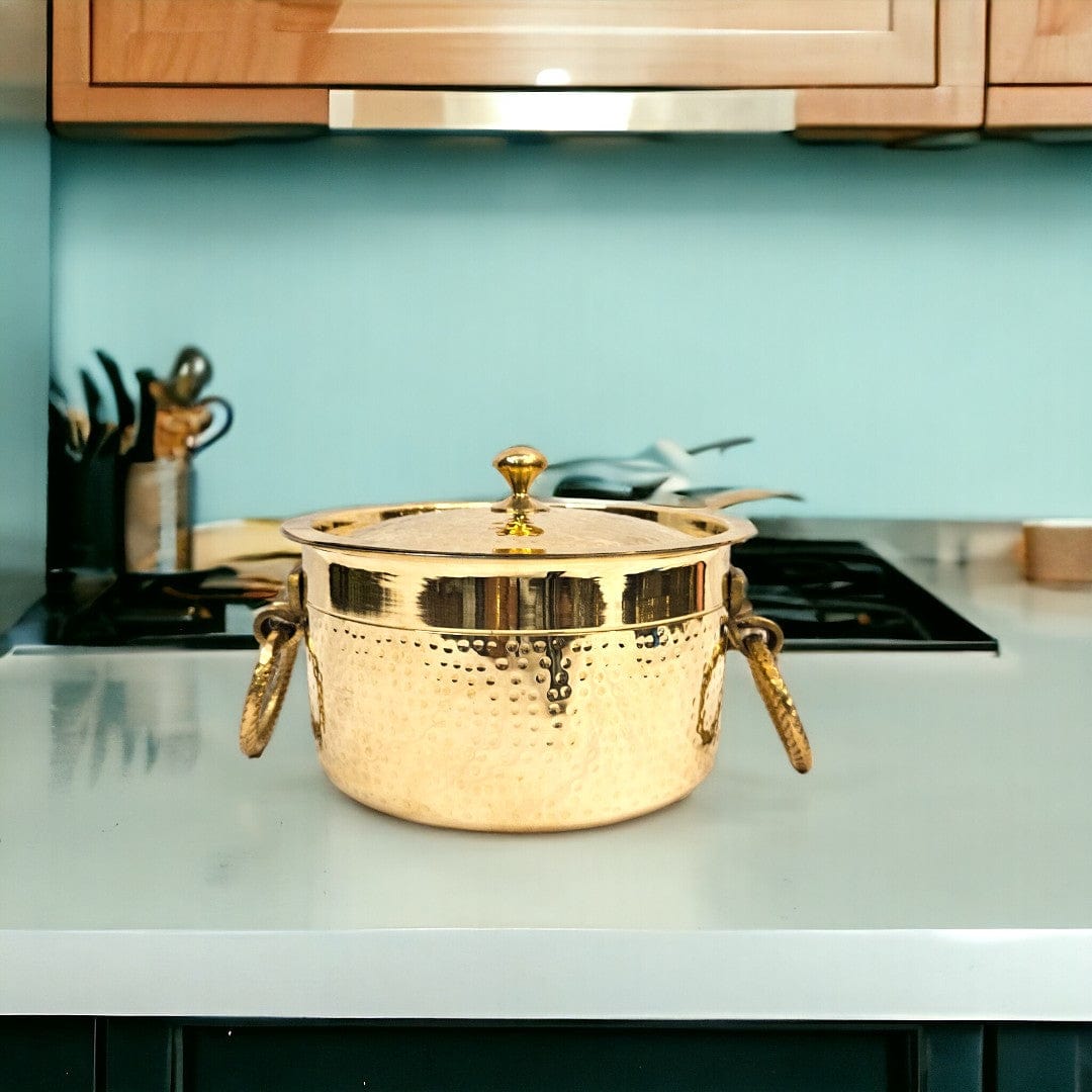 Brass Bhagona set with lid and side handles: 13x 20cm | 1.2 kg - Tamas: Luxury Indian Gifts