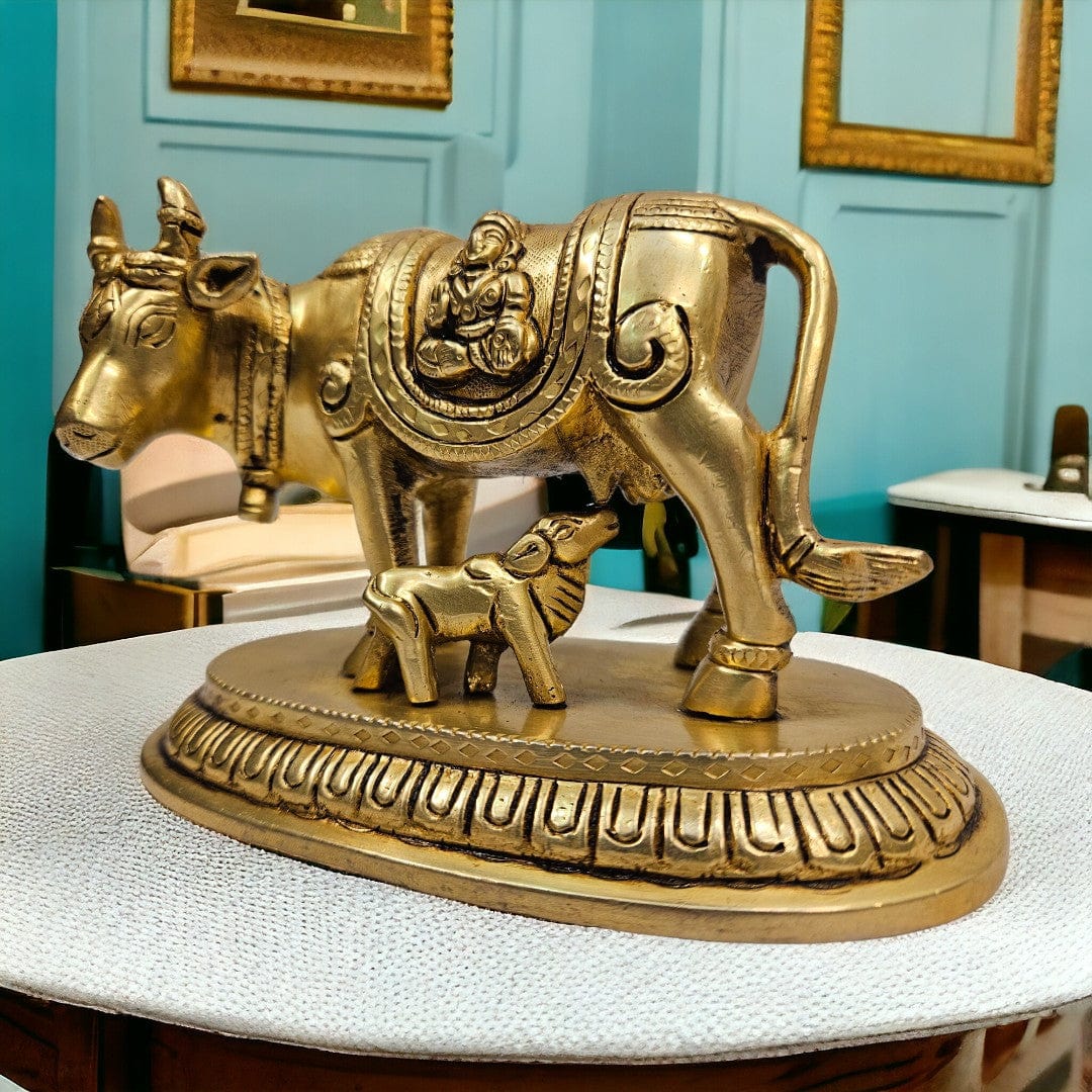 Brass Cow with Calf (3.5 X 5.5 X 3 inch)|Weight - 1 kg - Tamas: Luxury Indian Gifts