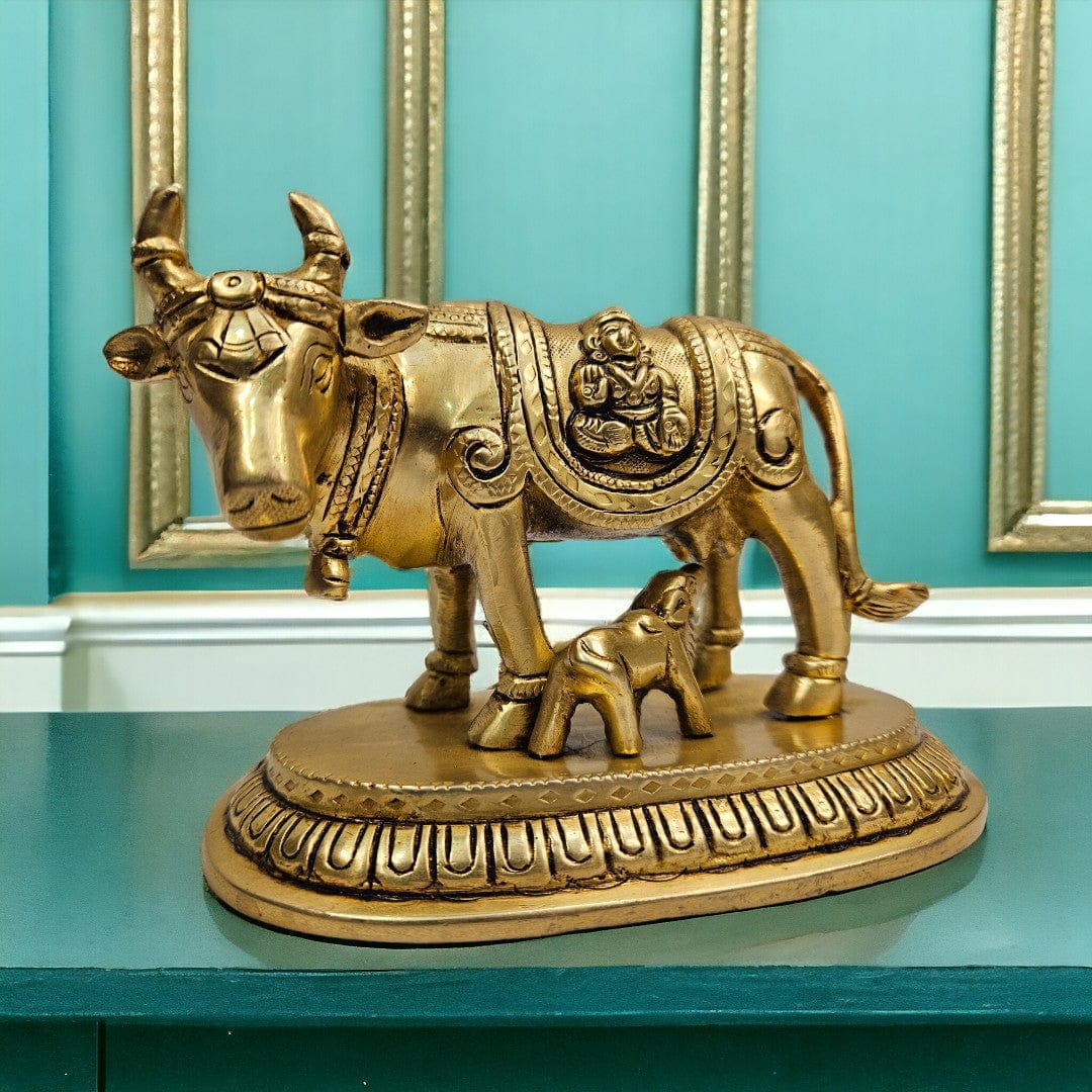 Brass Cow with Calf (3.5 X 5.5 X 3 inch)|Weight - 1 kg - Tamas: Luxury Indian Gifts
