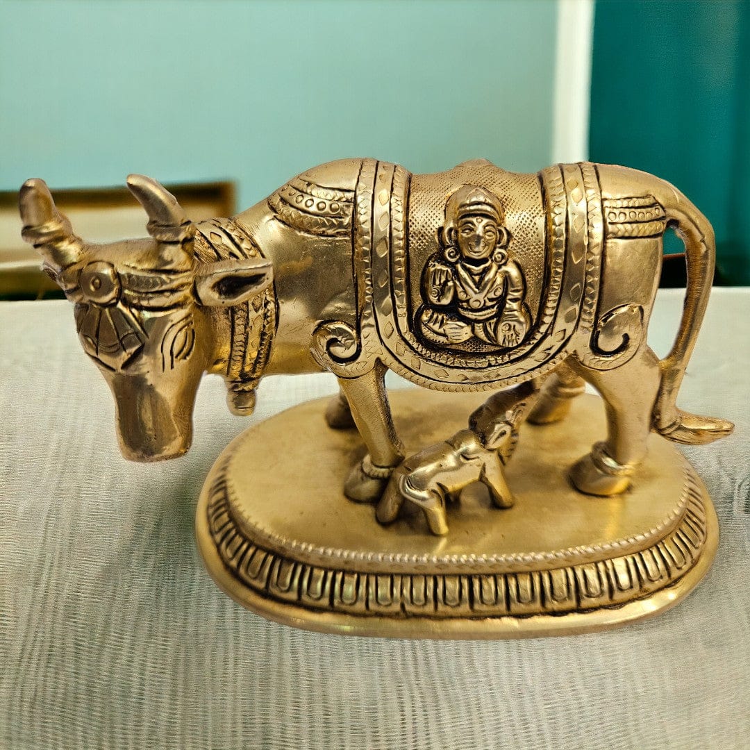 Brass Cow with Calf (3.5 X 5.5 X 3 inch)|Weight - 1 kg - Tamas: Luxury Indian Gifts
