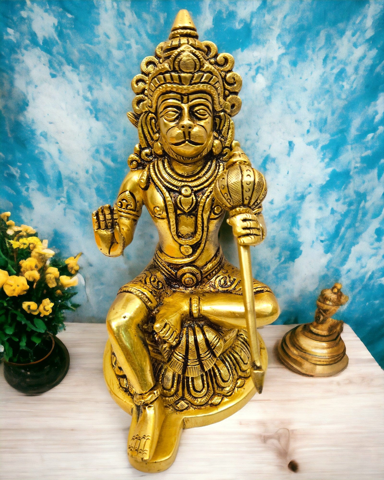 Brass Hanuman with round Singhasan | (8.5 X 4 X 5 inch)|Weight - 2 kg - Tamas: Luxury Indian Gifts