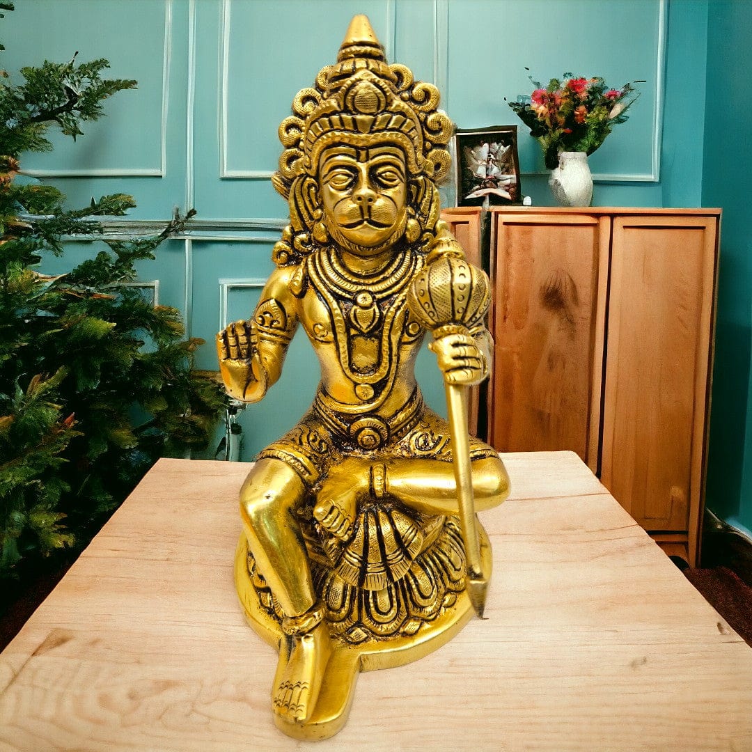 Brass Hanuman with round Singhasan | (8.5 X 4 X 5 inch)|Weight - 2 kg - Tamas: Luxury Indian Gifts
