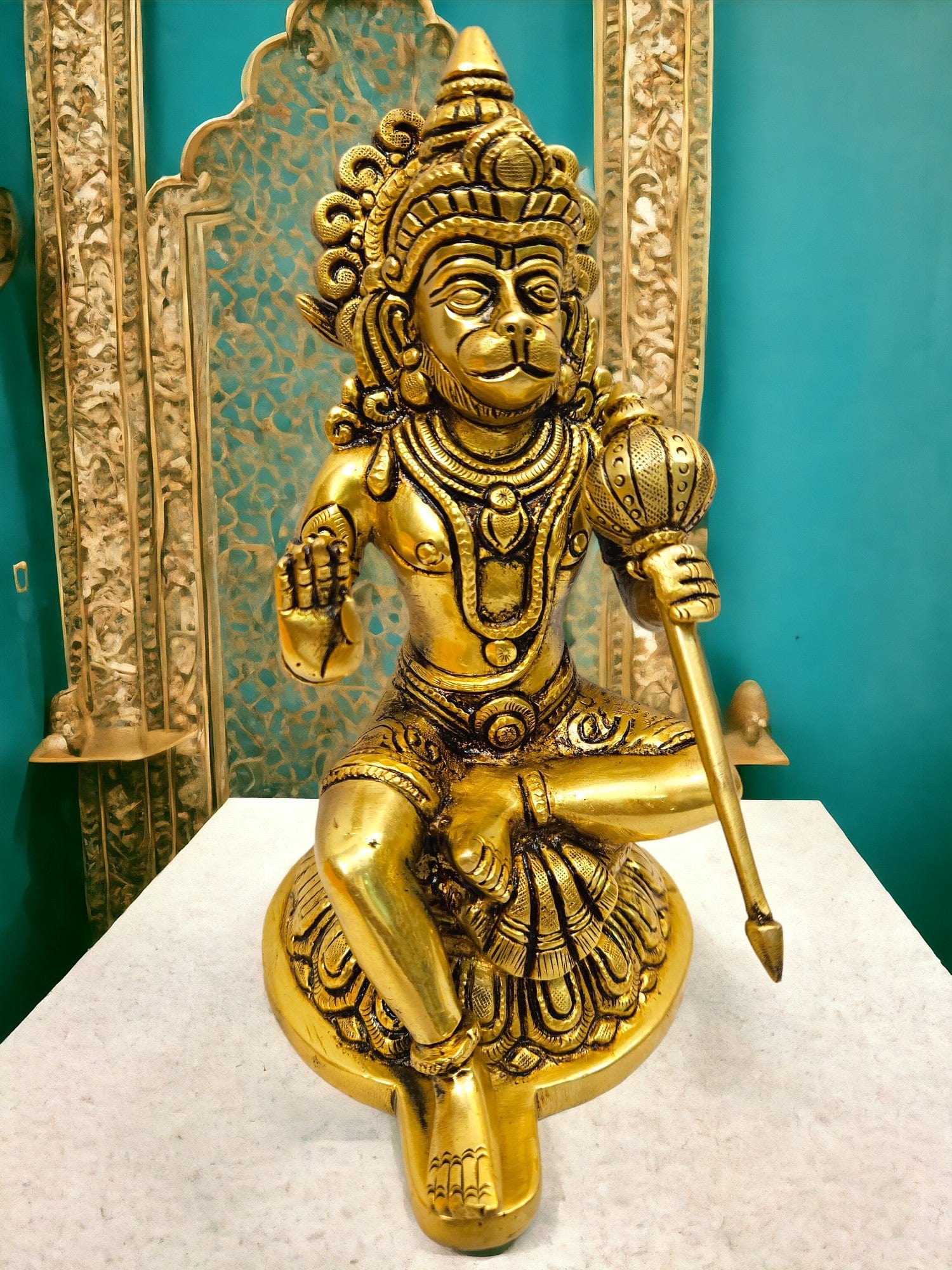 Brass Hanuman with round Singhasan | (8.5 X 4 X 5 inch)|Weight - 2 kg - Tamas: Luxury Indian Gifts