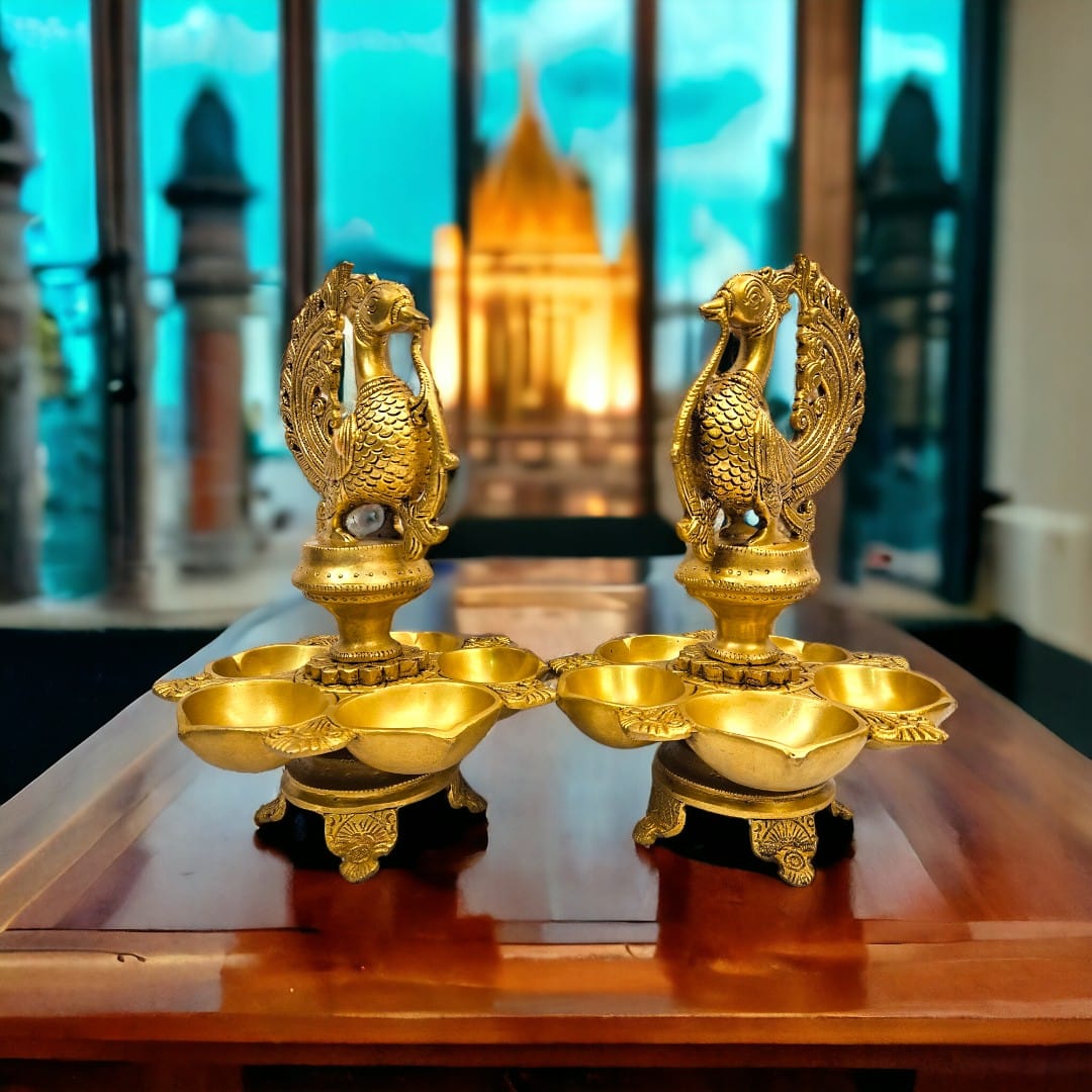 Tamas brass Peacock Auspicious Puja Lamp/Diya/Deepak/Deepam| (12 X 7 X 3 inch) |3.6kg - Tamas: Luxury Indian Gifts