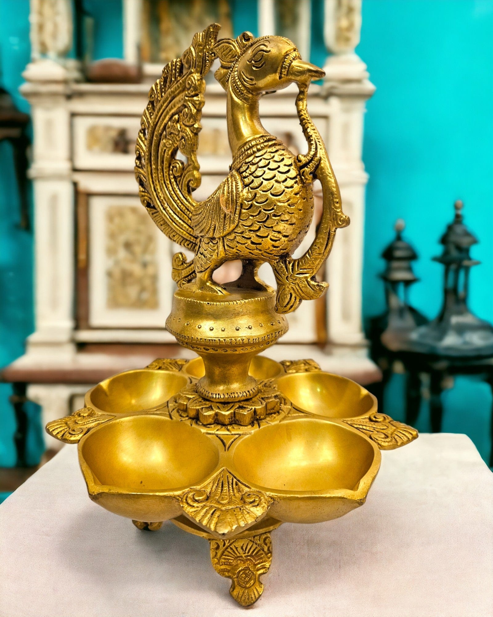Tamas brass Peacock Auspicious Puja Lamp/Diya/Deepak/Deepam| (12 X 7 X 3 inch) |3.6kg - Tamas: Luxury Indian Gifts