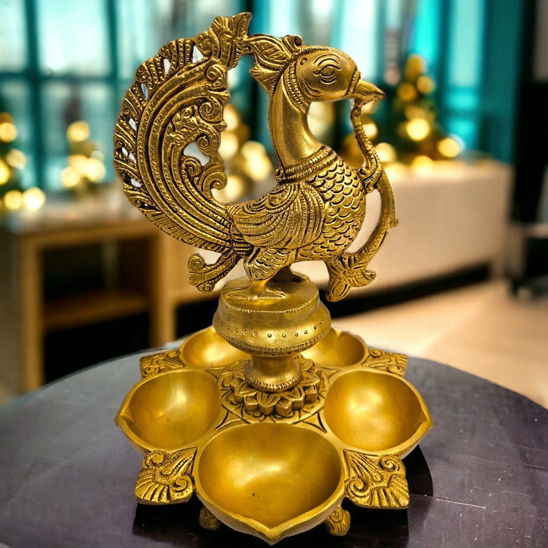 Tamas brass Peacock Auspicious Puja Lamp/Diya/Deepak/Deepam| (12 X 7 X 3 inch) |3.6kg - Tamas: Luxury Indian Gifts