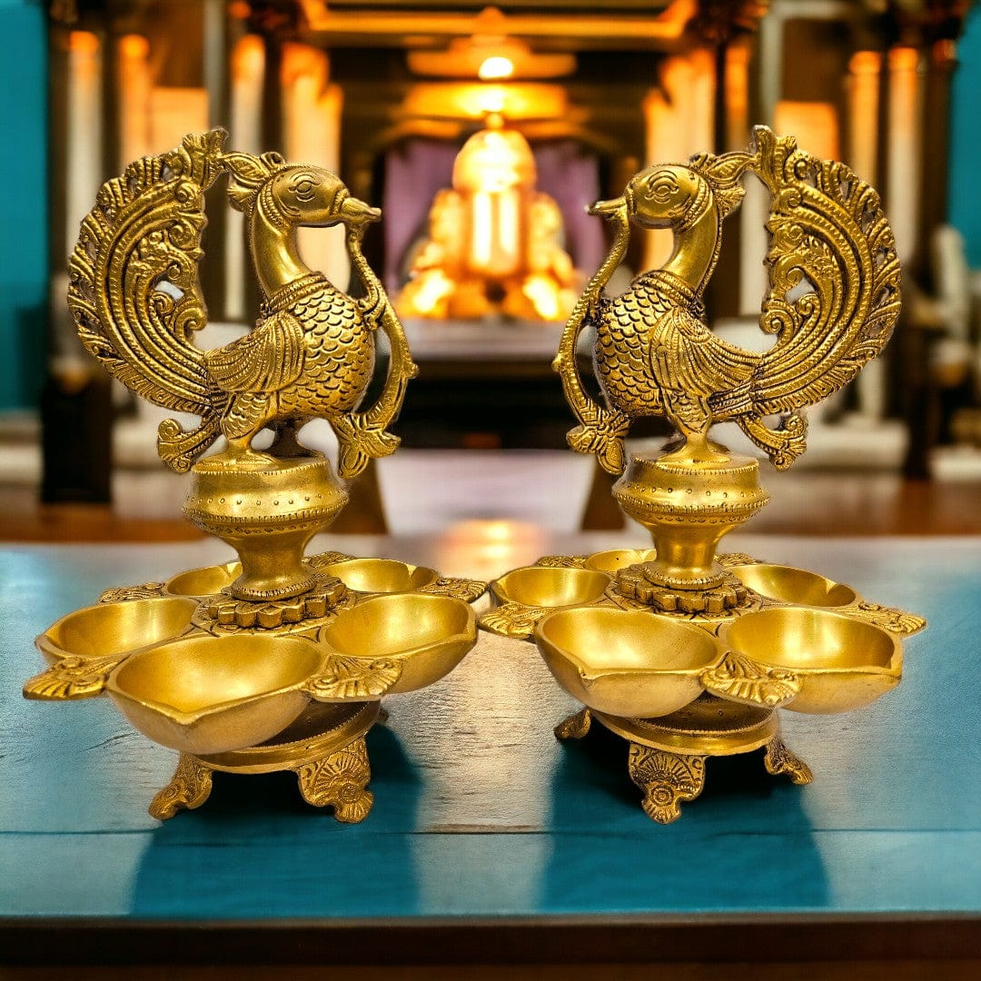 Tamas brass Peacock Auspicious Puja Lamp/Diya/Deepak/Deepam| (12 X 7 X 3 inch) |3.6kg - Tamas: Luxury Indian Gifts
