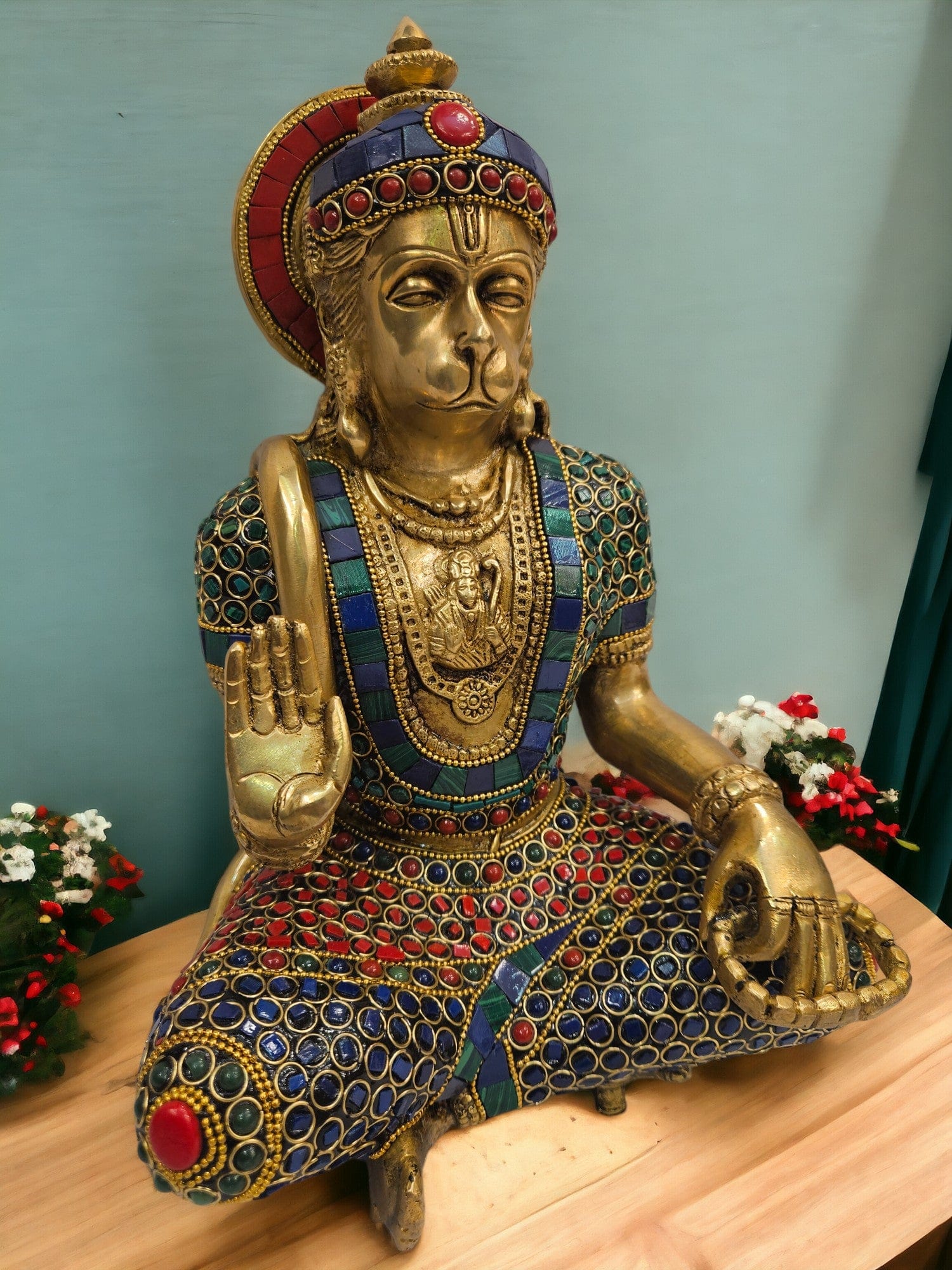 Brass Hanumanji Stonework (11 X 8 X 7 inch) |Weight - 5kg - Tamas: Luxury Indian Gifts