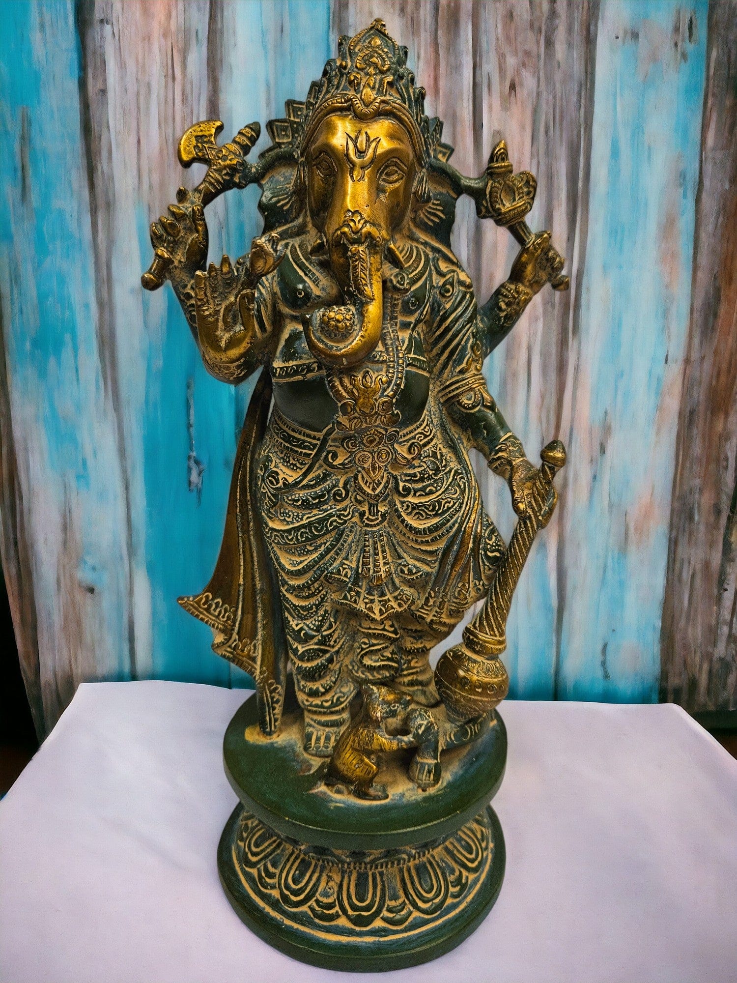 Turquoise Brass Ganesha (12 X 6.5 X 4.5 inch) | Weight - 3 kg - Tamas: Luxury Indian Gifts