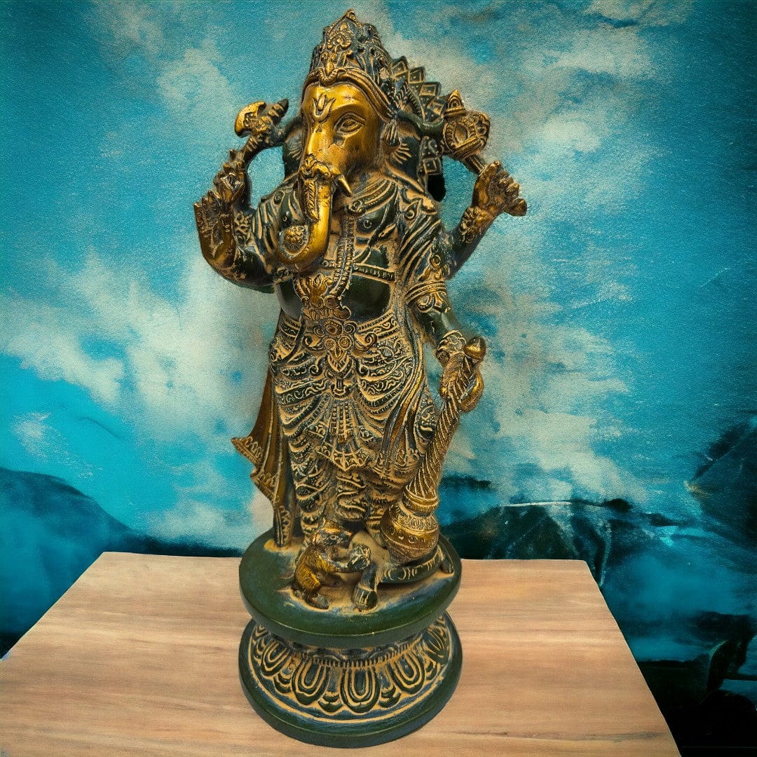 Turquoise Brass Ganesha (12 X 6.5 X 4.5 inch) | Weight - 3 kg - Tamas: Luxury Indian Gifts