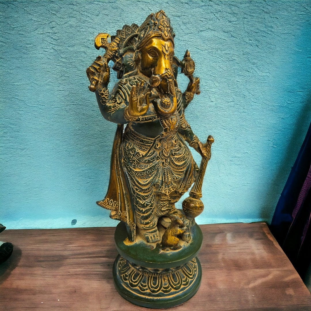 Turquoise Brass Ganesha (12 X 6.5 X 4.5 inch) | Weight - 3 kg - Tamas: Luxury Indian Gifts