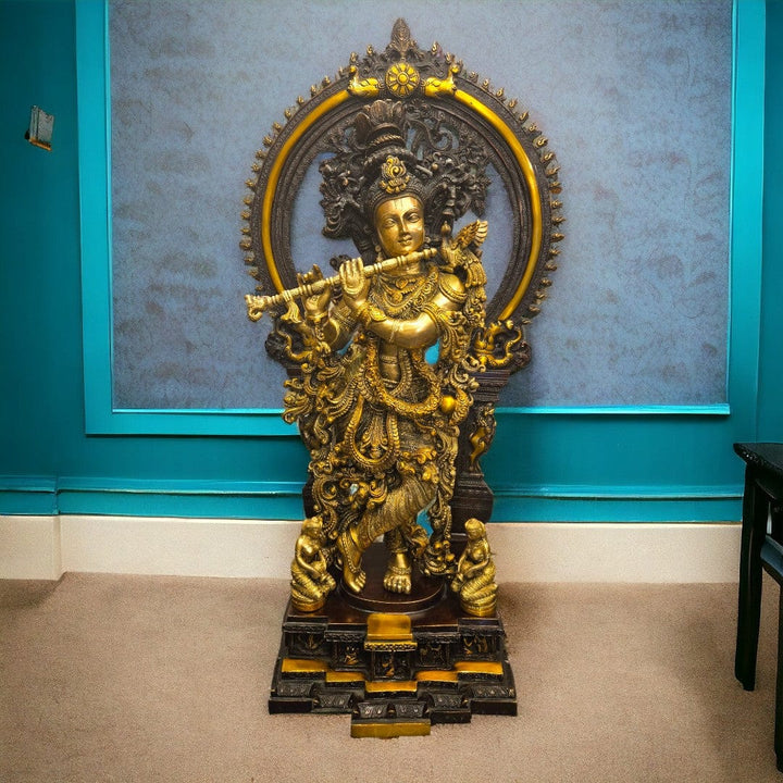 Brown Brass Krishna|32 inch|Weight - 35 kg - Tamas: Luxury Indian Gifts