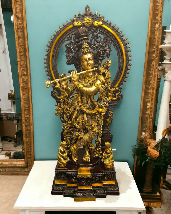 Brown Brass Krishna|32 inch|Weight - 35 kg - Tamas: Luxury Indian Gifts