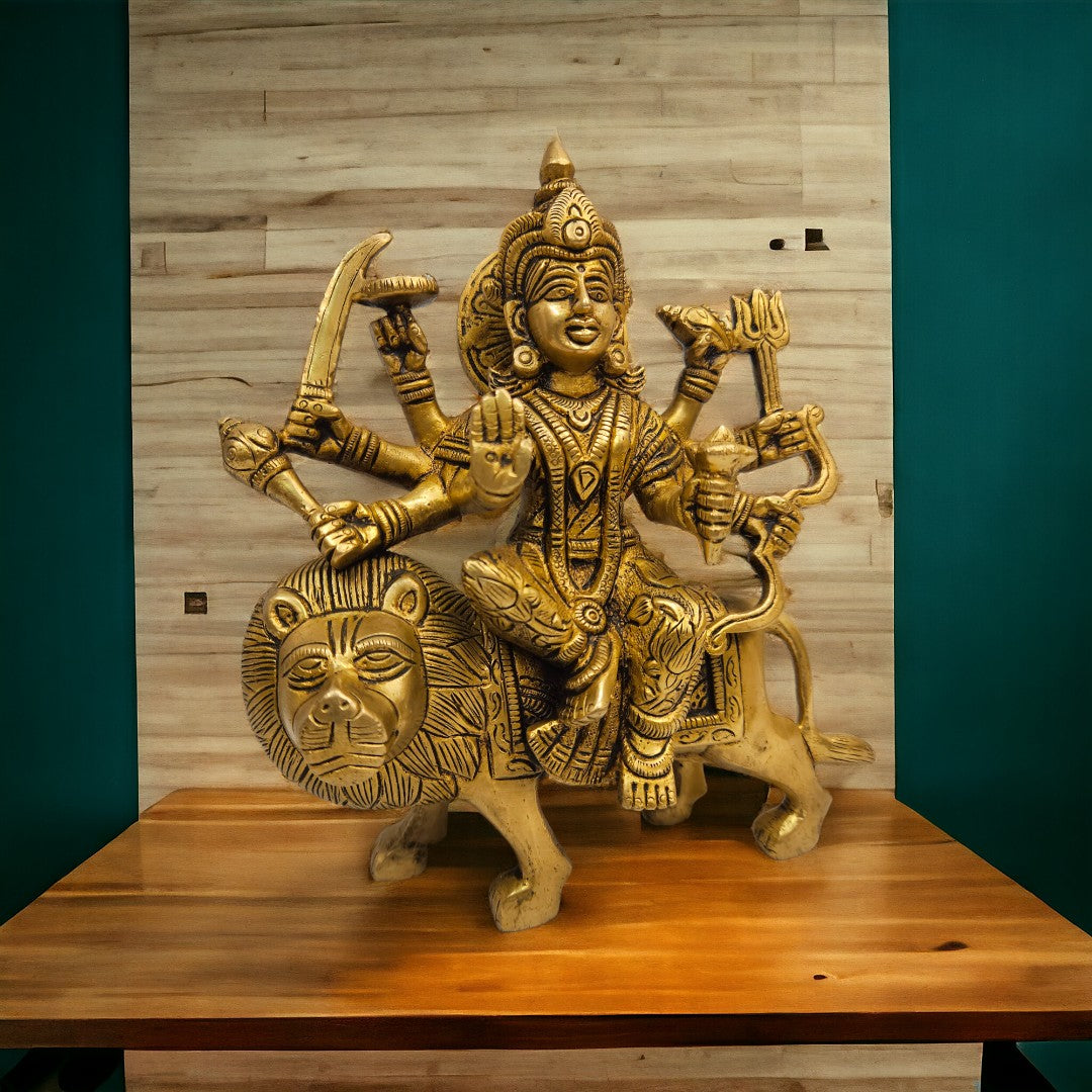 Brass Durga Mata Home Temple Pooja Statue |Idol (Golden)| (8X7X2.5) inch|Weight-2kg