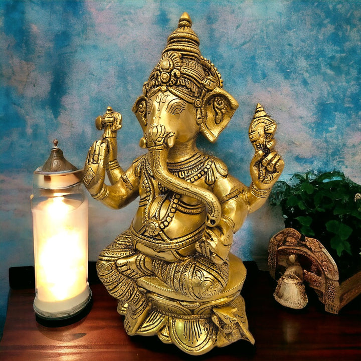 Lord Ganesh |Ganapati Brass Statue/Idol (Golden) | (12 X 8.5 X 4 inch)|Weight -5 kg