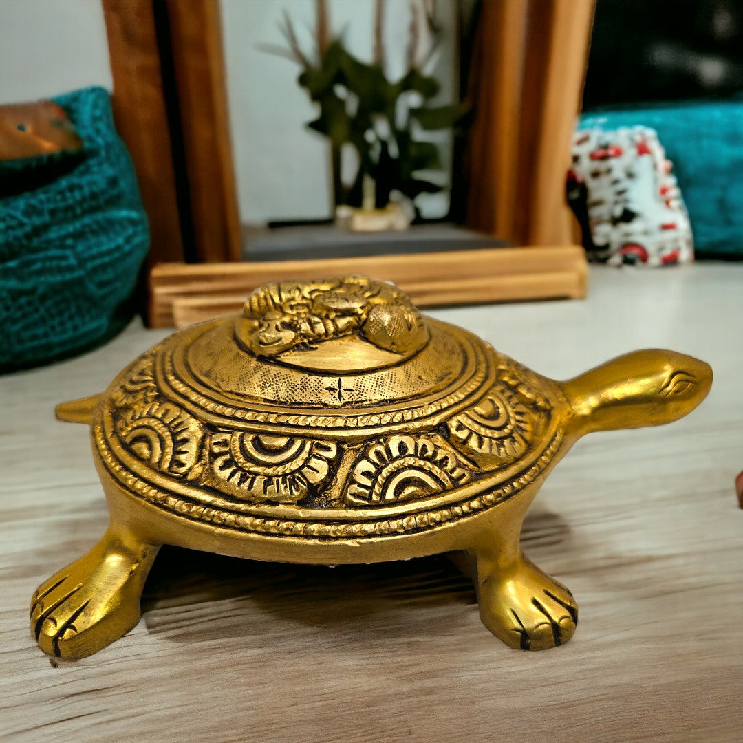Tamas Brass Good Luck Ganesh Tortoise for Vastu(Golden) Height: 2 inches