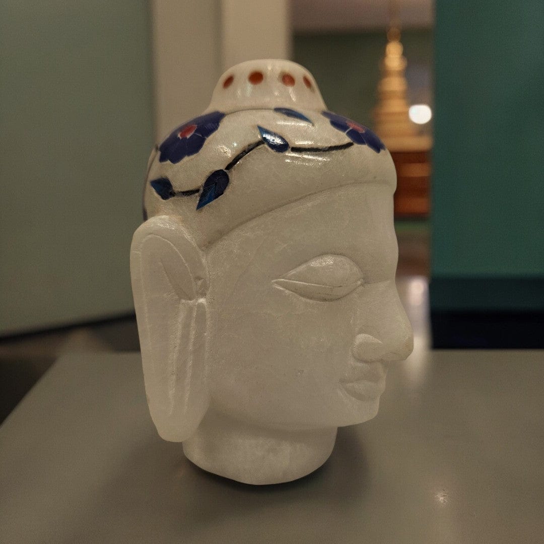 White Marble Inlay Work Buddha Head Statue |(4 X 3 X 2.5 inch)|Weight - 250 gm - Tamas: Luxury Indian Gifts