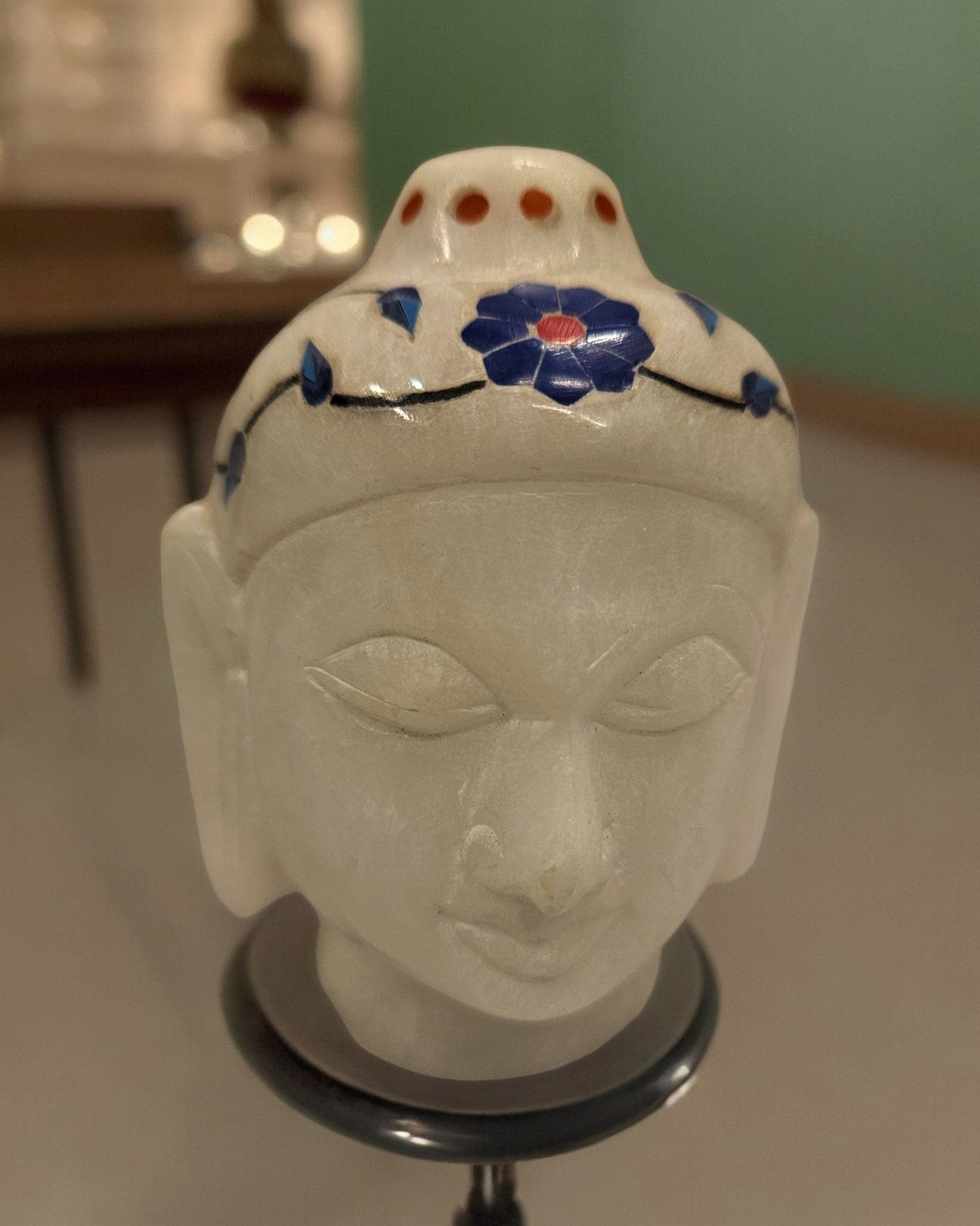 White Marble Inlay Work Buddha Head Statue |(4 X 3 X 2.5 inch)|Weight - 250 gm - Tamas: Luxury Indian Gifts