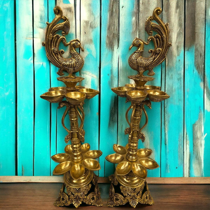 Brass Ten Wicks Peacock Lamp (24.5 Inch) (Golden) - Tamas: Luxury Indian Gifts