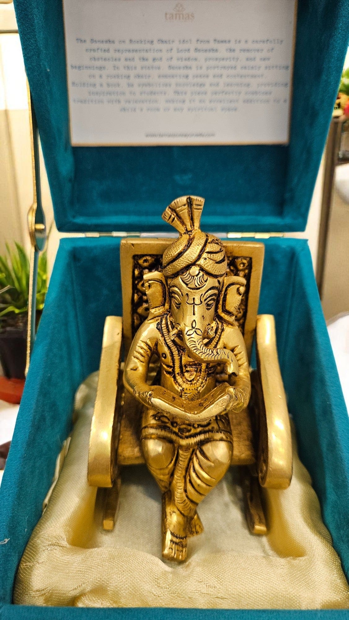 Small Brass Ganesha Idol Sitting on Chair – 5 Inch Ganesh Murti for Home, Office & Gift – Tamas - Tamas: Luxury Indian Gifts