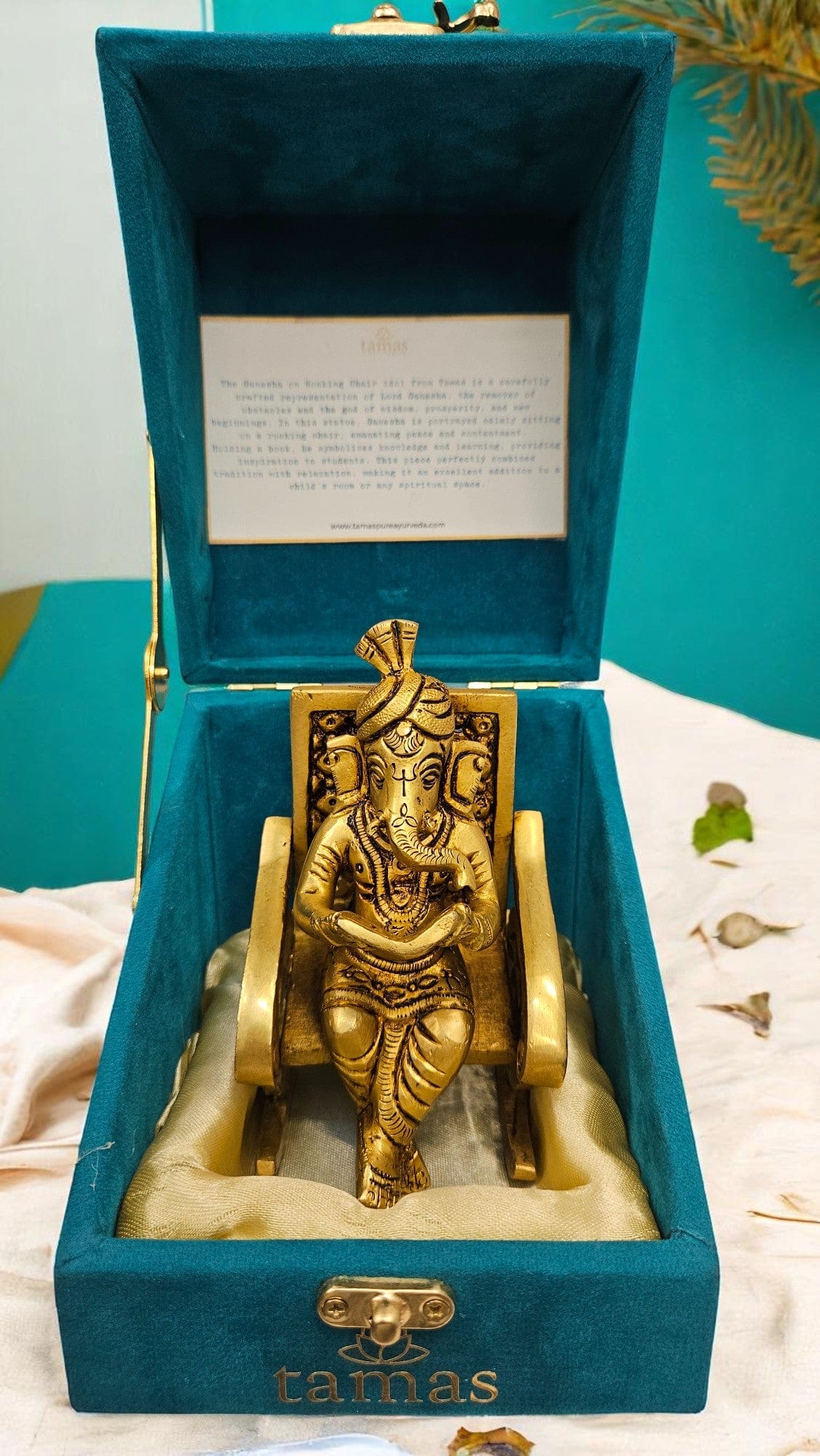 Small Brass Ganesha Idol Sitting on Chair – 5 Inch Ganesh Murti for Home, Office & Gift – Tamas - Tamas: Luxury Indian Gifts