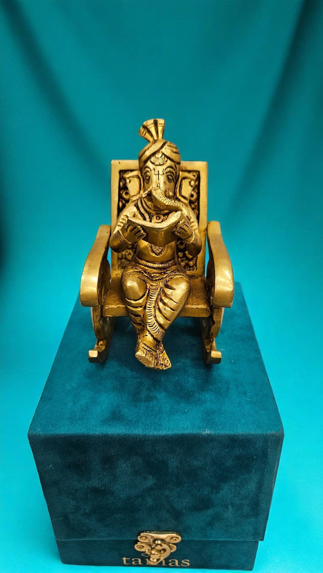 Small Brass Ganesha Idol Sitting on Chair – 5 Inch Ganesh Murti for Home, Office & Gift – Tamas - Tamas: Luxury Indian Gifts