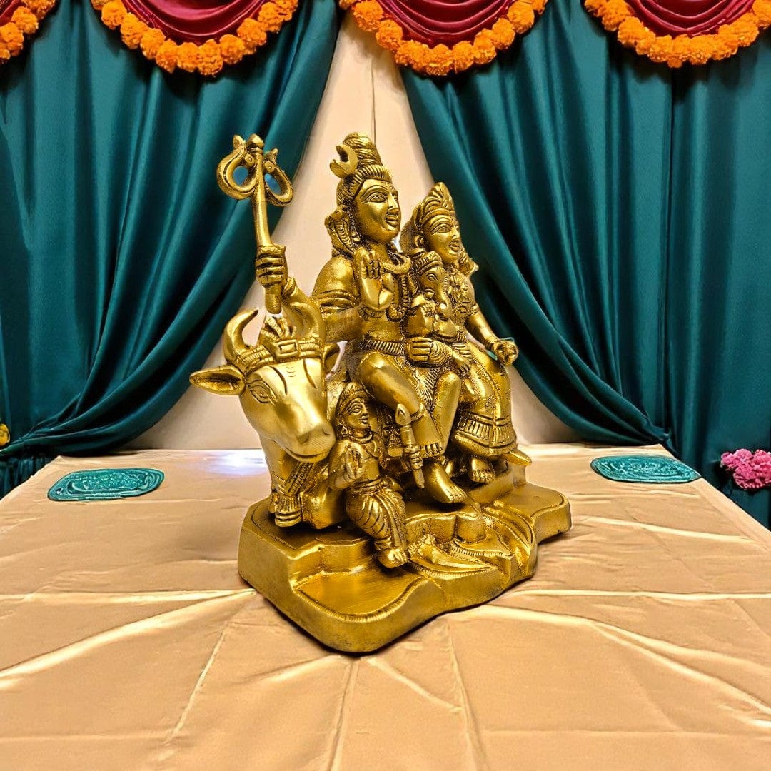 Tamas Brass Shiv Parivar Idol with Shiva, Parvati, Ganesha & Kartikeya on Nandi – Pure Brass 8 Inch Statue